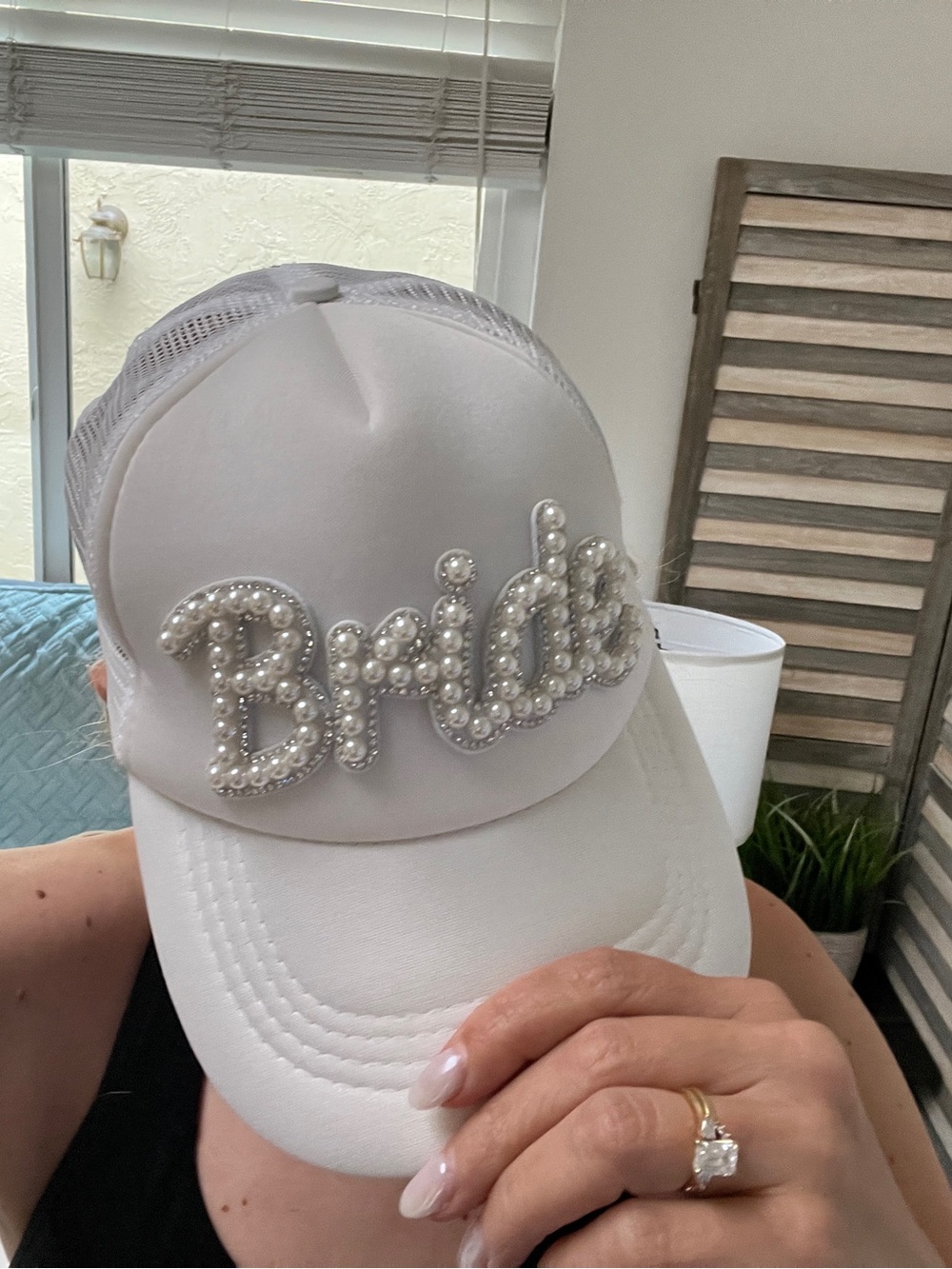 Bridal Pearl-Embellished Trucker Hat - White